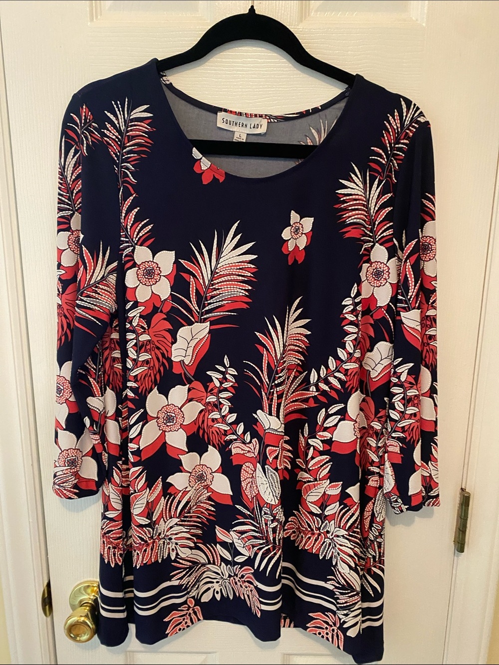 Southern Lady Navy Floral Scoop Neck Tunic with Red and White Accents